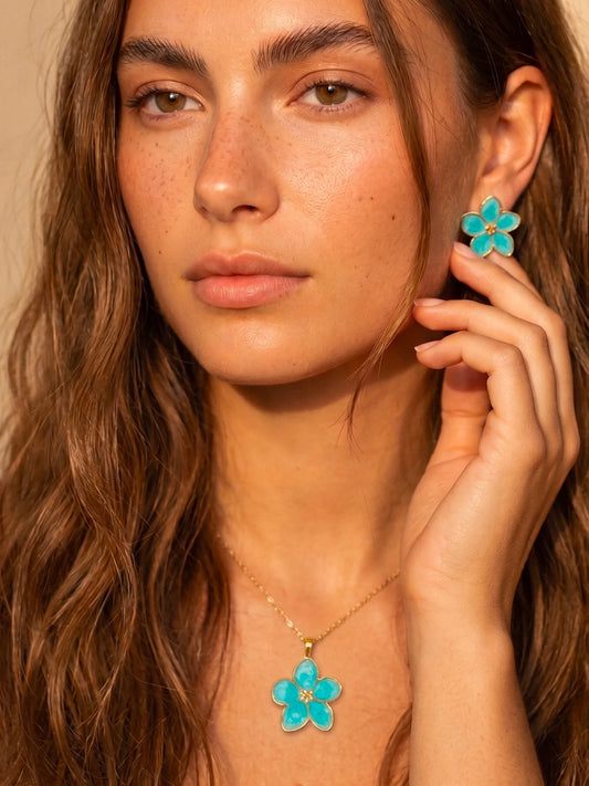 Pack fleur Collier + Boucle d'oreille Bleu