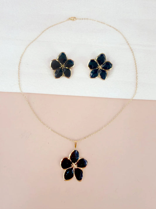 Pack fleur Collier + Boucle d'oreille noir