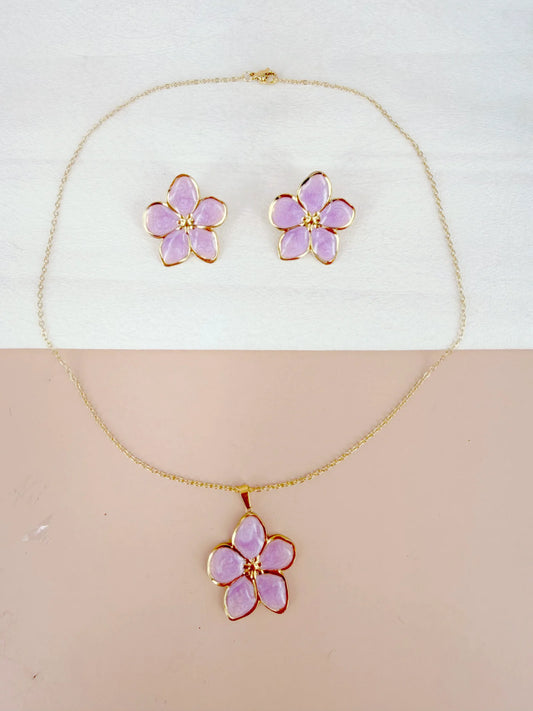 Pack Fleur collier + boucle d'oreille rose