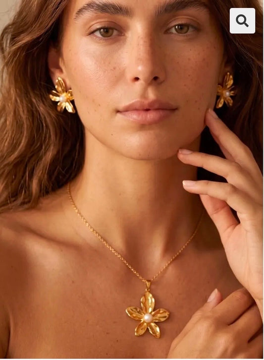 Pack fleur collier + boucle d'oreille Dorée